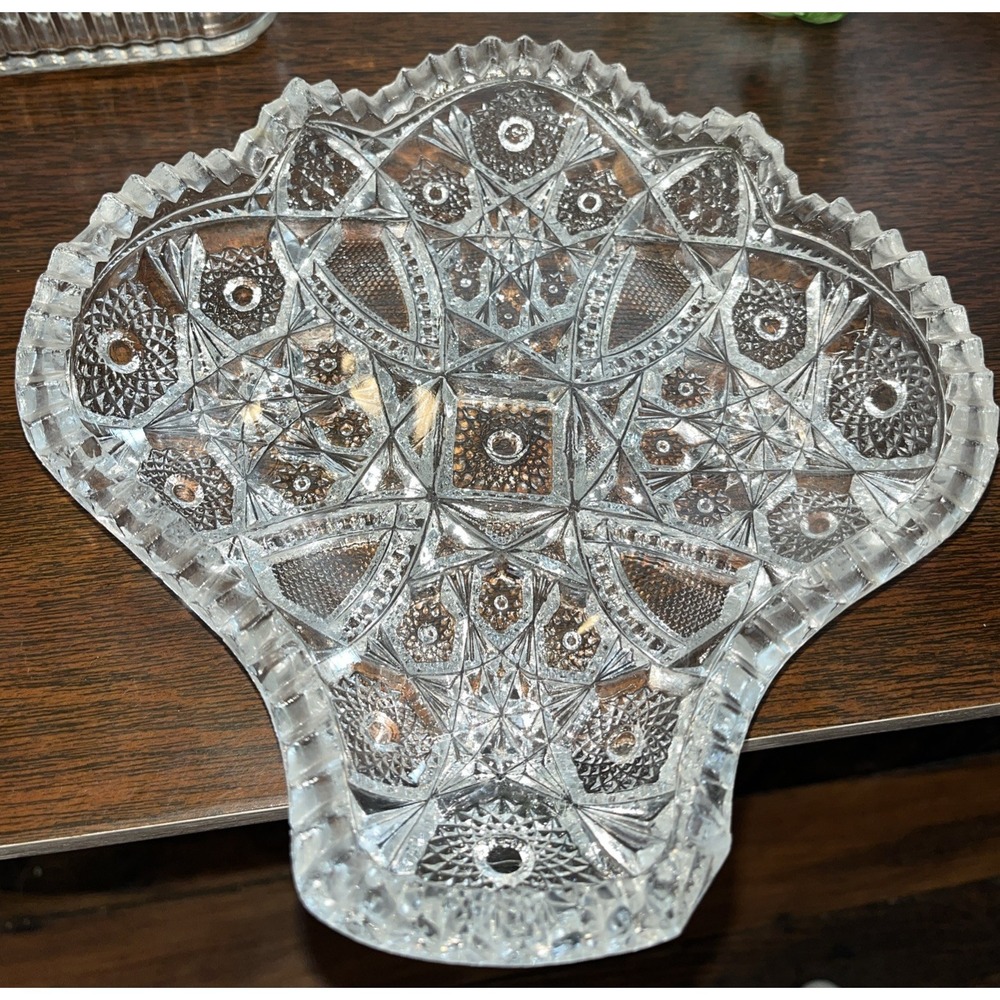 Antique McKee Shell Shape Cut Glass Dish Hobstar Fan Sawtooth Edge Cut Candy